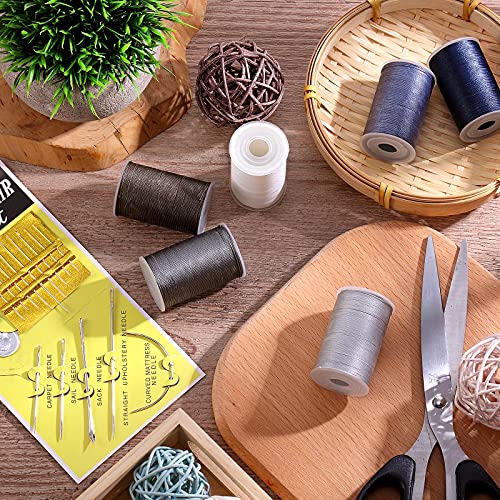 Set de Hilo Encerado Fuerte de Alta Resistencia de 6 Colores de Costura de Tapicería con Agujas de Costura a Mano para Manualidades (Blanco, Gris, Marrón, Gris Claro, Azul Gris, Azul Oscuro)