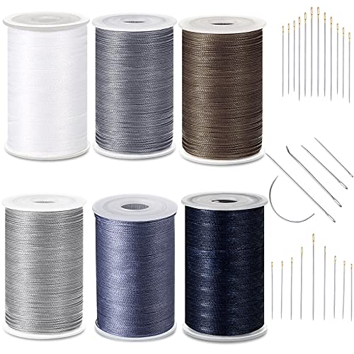 Set de Hilo Encerado Fuerte de Alta Resistencia de 6 Colores de Costura de Tapicería con Agujas de Costura a Mano para Manualidades (Blanco, Gris, Marrón, Gris Claro, Azul Gris, Azul Oscuro)