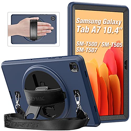 SEYMAC Funda delgada para Samsung Tab A7 2020 (10.4 pulgadas), carcasa a prueba de golpes con soporte giratorio, correa de mano, soporte para el hombro para Samsung Tab SM-T500, color azul marino