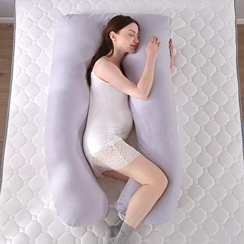 SHANNA - Almohada extragrande para adultos, almohada corporal para embarazadas y maternidad, en forma de U, con funda extraíble y lavable, 70 x 130 cm, algodón, Gris y blanco., 70*130CM