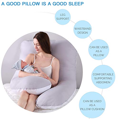 SHANNA - Almohada extragrande para adultos, almohada corporal para embarazadas y maternidad, en forma de U, con funda extraíble y lavable, 70 x 130 cm, algodón, Gris y blanco., 70*130CM