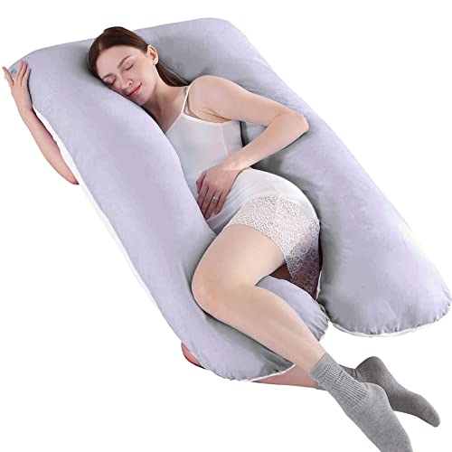 SHANNA - Almohada extragrande para adultos, almohada corporal para embarazadas y maternidad, en forma de U, con funda extraíble y lavable, 70 x 130 cm, algodón, Gris y blanco., 70*130CM