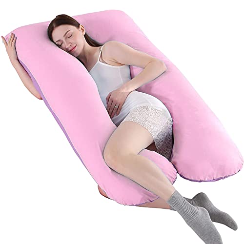 SHANNA - Almohada extragrande para adultos, almohada corporal para embarazadas y maternidad, en forma de U, con funda extraíble y lavable, 70 x 130 cm, algodón, Morado y rosa., 70*130CM