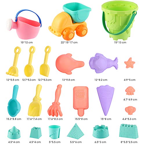 SHANNA Juguetes de Playa para niños, Juego de Juguetes de Playa y Arena para niños con Camion Bucket Castle Moldes y Bolsa de Malla Material plastico Blando (22 Piezas)
