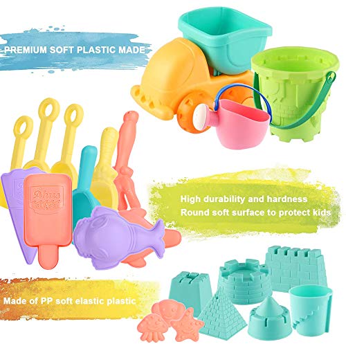 SHANNA Juguetes de Playa para niños, Juego de Juguetes de Playa y Arena para niños con Camion Bucket Castle Moldes y Bolsa de Malla Material plastico Blando (22 Piezas)