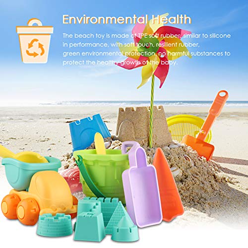 SHANNA Juguetes de Playa para niños, Juego de Juguetes de Playa y Arena para niños con Camion Bucket Castle Moldes y Bolsa de Malla Material plastico Blando (22 Piezas)