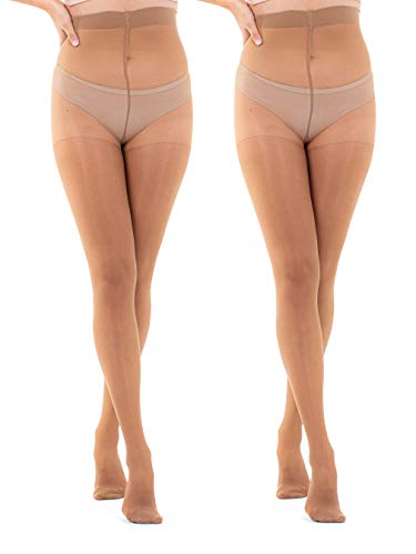 Sibinulo Pantimedias para Mujer 2 pares 50 den Compresión, Relajarse y Masaje de Piernas Fuelle Pequeño de Algodón Beige XL