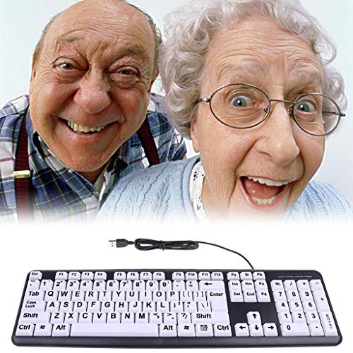 Sidougeri Teclado con cable USB para juegos de ordenador con teclado de alto contraste de impresión grande teclas blancas letra negra