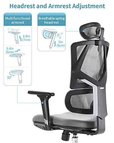 SIHOO Silla Oficina de Ergonómica, Silla de Oficina Ergonómica Silla de Oficina con Respaldo Alto y Respaldo Ajustable en Altura,Reposabrazos 3D,Soporte Lumbar,Silla de Ordenador de Malla(Gris)