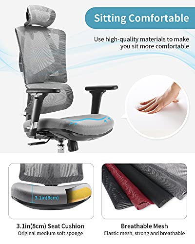 SIHOO Silla Oficina de Ergonómica, Silla de Oficina Ergonómica Silla de Oficina con Respaldo Alto y Respaldo Ajustable en Altura,Reposabrazos 3D,Soporte Lumbar,Silla de Ordenador de Malla(Gris)