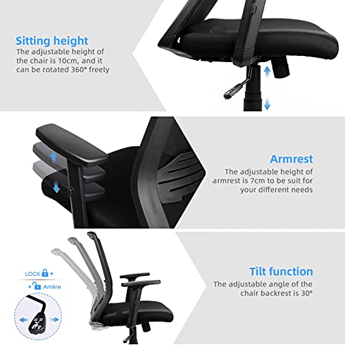 Silla de Oficina Silla Escritorio ergonómica Silla Giratoria Transpirable con Reposabrazos Ajustables, Función Inclinable 30 ° Silla Ergonómica,Silla oficina Soporte Lumbar Carga Máx 120 KG