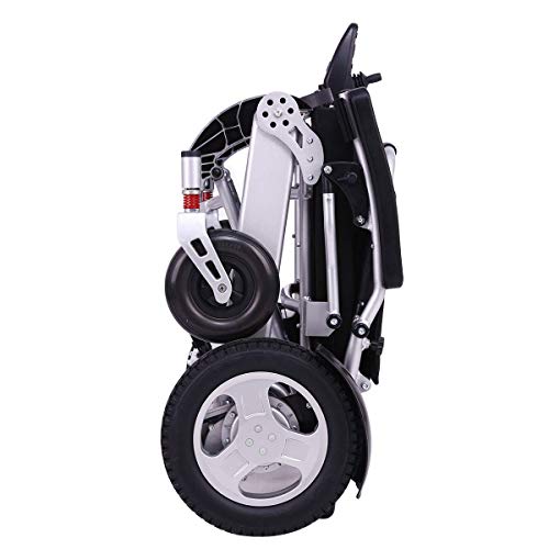 Silla de ruedas eléctrica plegable Ligero 50 lbs con baterías Soportes de servicio pesado 360 lbs Marco de aleación de aluminio de grado aeronáutico Más resistencia Rueda de neumático de goma rígida d