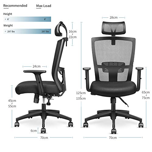 Silla Ergonómica de Oficina,Silla de oficina,Sillas Escritorio Ergonómicas Con Reposacabezas y Apoyabrazos ajustables, cómodo y fiable, Carga máx. 125kg/265lb