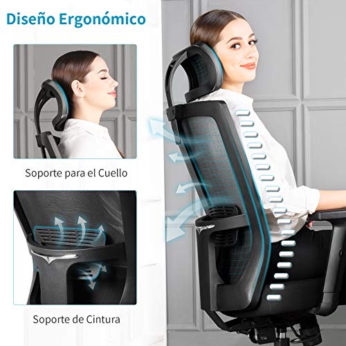 Silla Ergonómica de Oficina,Silla de oficina,Sillas Escritorio Ergonómicas Con Reposacabezas y Apoyabrazos ajustables, cómodo y fiable, Carga máx. 125kg/265lb