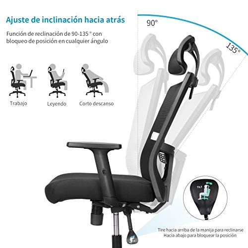 Silla Ergonómica de Oficina,Silla de oficina,Sillas Escritorio Ergonómicas Con Reposacabezas y Apoyabrazos ajustables, cómodo y fiable, Carga máx. 125kg/265lb