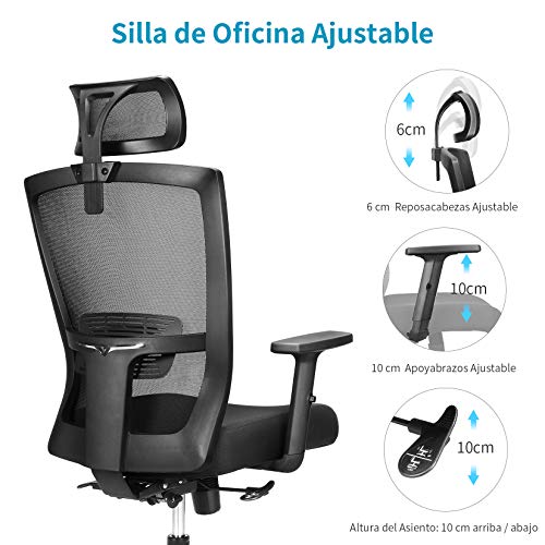 Silla Ergonómica de Oficina,Silla de oficina,Sillas Escritorio Ergonómicas Con Reposacabezas y Apoyabrazos ajustables, cómodo y fiable, Carga máx. 125kg/265lb