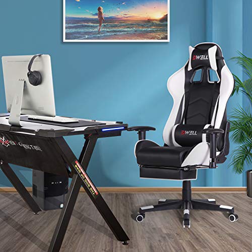 Silla Gaming con Reposapiés，Silla Ergonómica Racing, Silla de Oficina con reposacabezas y cojín Lumbar,Silla Oficina con Ruedas, Ajustable en Altura,Apoyabrazos Ajustables,para casa y Oficina (Blanco)
