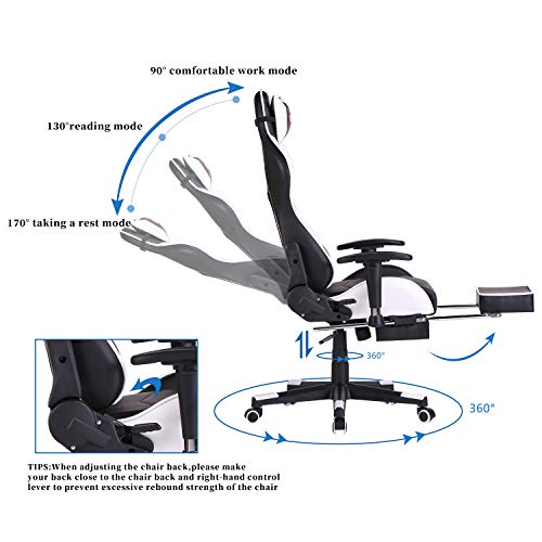 Silla Gaming con Reposapiés，Silla Ergonómica Racing, Silla de Oficina con reposacabezas y cojín Lumbar,Silla Oficina con Ruedas, Ajustable en Altura,Apoyabrazos Ajustables,para casa y Oficina (Blanco)
