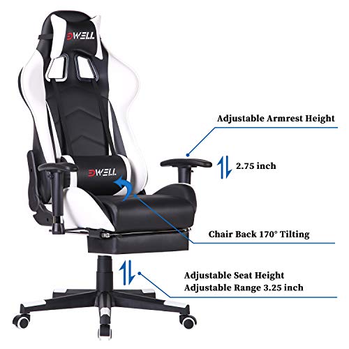 Silla Gaming con Reposapiés，Silla Ergonómica Racing, Silla de Oficina con reposacabezas y cojín Lumbar,Silla Oficina con Ruedas, Ajustable en Altura,Apoyabrazos Ajustables,para casa y Oficina (Blanco)