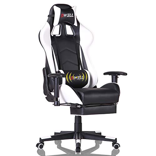 Silla Gaming con Reposapiés，Silla Ergonómica Racing, Silla de Oficina con reposacabezas y cojín Lumbar,Silla Oficina con Ruedas, Ajustable en Altura,Apoyabrazos Ajustables,para casa y Oficina (Blanco)