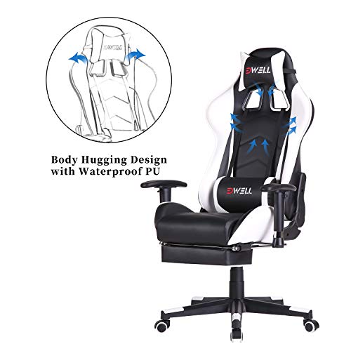 Silla Gaming con Reposapiés，Silla Ergonómica Racing, Silla de Oficina con reposacabezas y cojín Lumbar,Silla Oficina con Ruedas, Ajustable en Altura,Apoyabrazos Ajustables,para casa y Oficina (Blanco)