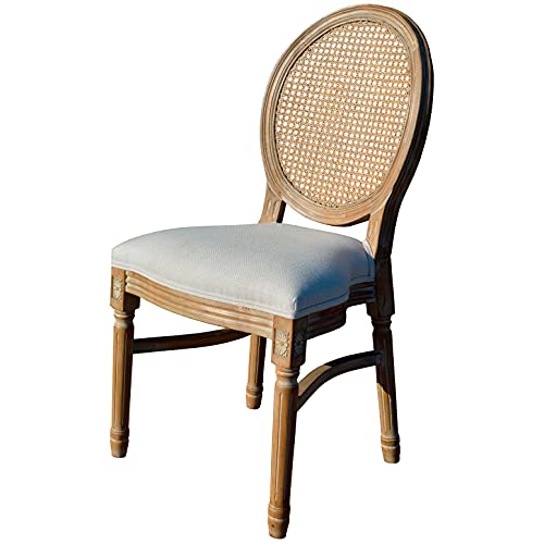 Silla Medallón Luis XVI de Madera de Abedul Envejecido. Silla con Respaldo de Rejilla de ratán Natural de Estilo francés. Asiento Acolchado de Lino Beige.