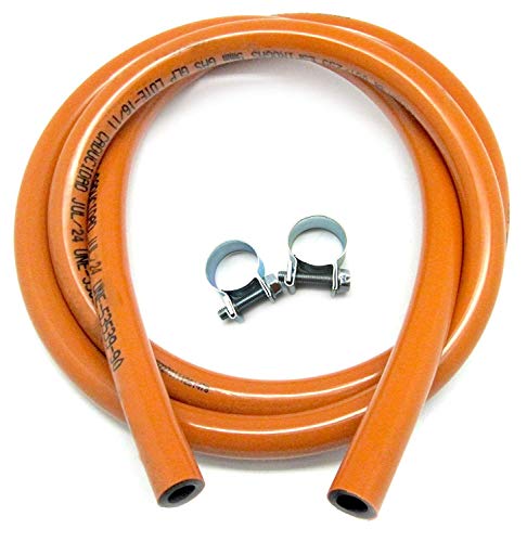 S&M Regulador Butano con Manómetro, Gris + 321535 Kit Tubería homologada de Gas Butano de 1,5 Metros-Ø 9mm con Abrazaderas con pestaña, Naranja