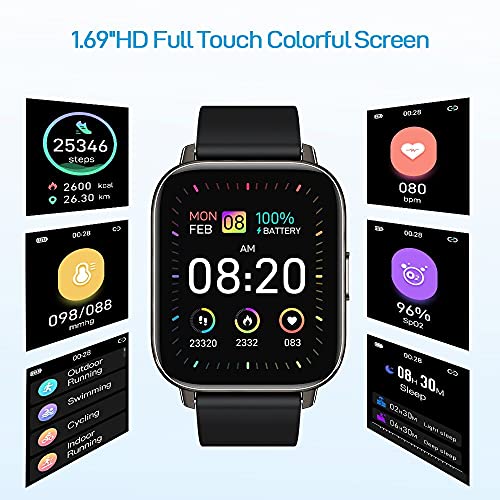 Smartwatch, 1.69" Reloj Inteligente Hombre Mujer 24 Modos Deportivo Reloj Pulsera Actividad Inteligente con Pulsómetro Monitor de Sueño Monitores Calorías Podómetro Impermeable IP67 para Android e iOS