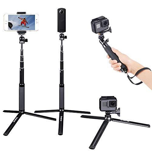 Smatree SQ2 Palo Selfie Extendable Stick/Monopod con Trípode para GoPro Hero 2018, Hero 10/9/8/7/6/5/4/3+/3/2/1/Fusion/Session/Ricoh Theta S/V,M15,Osmo Action Cámaras y Teléfonos Celulares