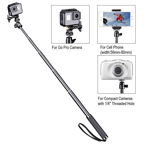 Smatree SQ2 Palo Selfie Extendable Stick/Monopod con Trípode para GoPro Hero 2018, Hero 10/9/8/7/6/5/4/3+/3/2/1/Fusion/Session/Ricoh Theta S/V,M15,Osmo Action Cámaras y Teléfonos Celulares