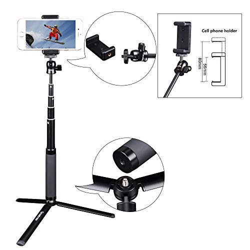 Smatree SQ2 Palo Selfie Extendable Stick/Monopod con Trípode para GoPro Hero 2018, Hero 10/9/8/7/6/5/4/3+/3/2/1/Fusion/Session/Ricoh Theta S/V,M15,Osmo Action Cámaras y Teléfonos Celulares