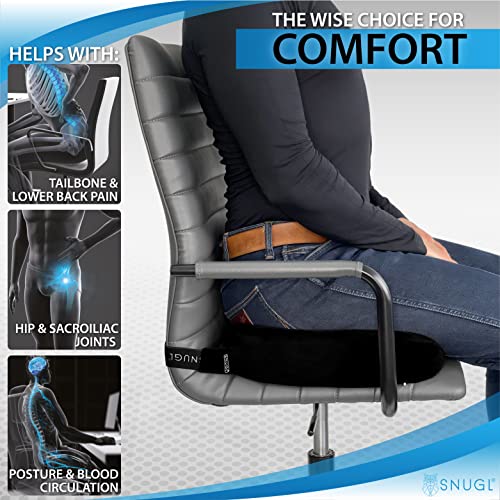 SNUGL Cojín de coxis con correa – Cojín de asiento para ciática, coxis, espalda, dolor de cadera, alivio de presión ortopédico, silla de oficina, asiento de coche o silla de ruedas (negro)