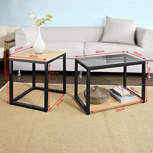 SoBuy Juego de 2 Mesas Auxiliares Anidadas de Madera y Metal, Mesa Auxiliares de Salón, FBT35-SCH, ES