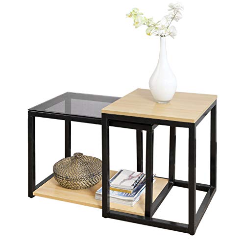 SoBuy Juego de 2 Mesas Auxiliares Anidadas de Madera y Metal, Mesa Auxiliares de Salón, FBT35-SCH, ES