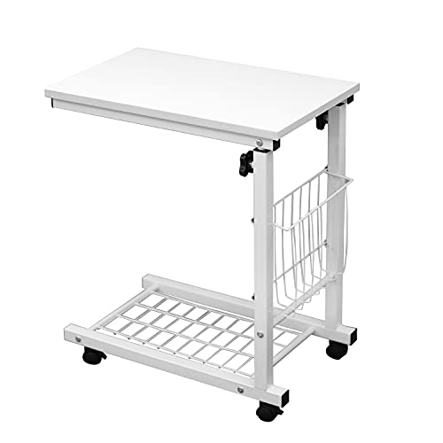 sogesfurniture Mesa de Ordenador Portatil Mesa Auxiliar con Ruedas, Altura Ajustable, Mesas de Centro Escritorio Compacta para Cama o Sofá, 48x30x56-76 cm, Blanco BHEU-C6-DW