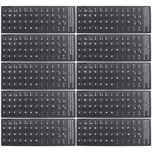 SOLUSTRE 10Pcs Pegatinas de Teclado Español Universales Calcomanías de Teclado de Repuesto Cubren Fondo con Letras Blancas para Computadora Portátil de Escritorio