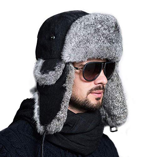 Sombrero De Aviador Unisex para Hombre Piel Mujer para De Conejo Especial Estilo Sombrero De Bombardero Ruso Invierno Cálido Sombrero De Piel Adulto (Color : Black 1, Size : One Size)