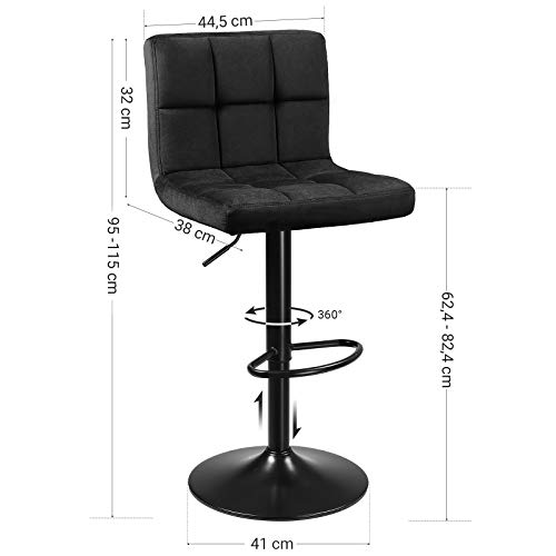 SONGMICS, Juego de 2, Sillas de Bar con Superficie de Terciopelo y Altura Ajustable, Taburete de Cocina Giratorio con Respaldo y Reposapiés, Metal, Negro (LJB014B01)