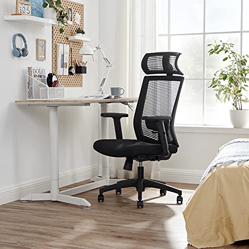 SONGMICS Silla de Oficina de Malla, Silla de Escritorio, Giratorio de 360°, Soporte Lumbar Ajustable, Apoyacabezas y Apoyabrazos, Inclinación del Respaldo hasta 120°, Negro OBN55BK