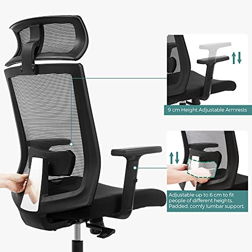 SONGMICS Silla de Oficina de Malla, Silla de Escritorio, Giratorio de 360°, Soporte Lumbar Ajustable, Apoyacabezas y Apoyabrazos, Inclinación del Respaldo hasta 120°, Negro OBN55BK