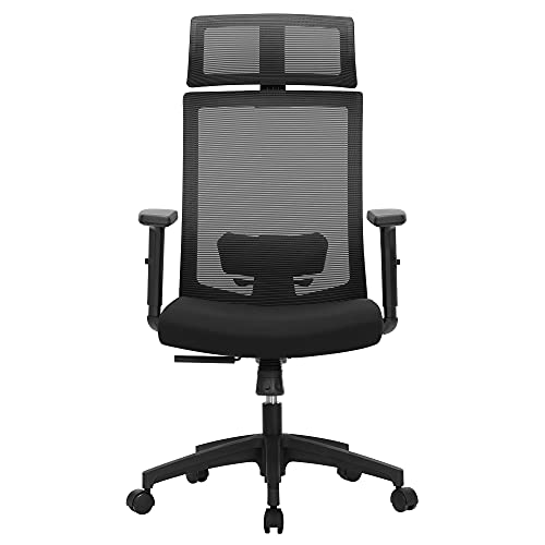 SONGMICS Silla de Oficina de Malla, Silla de Escritorio, Giratorio de 360°, Soporte Lumbar Ajustable, Apoyacabezas y Apoyabrazos, Inclinación del Respaldo hasta 120°, Negro OBN55BK