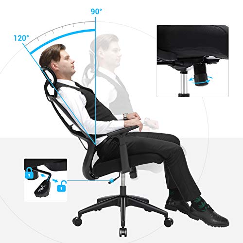 SONGMICS Silla de Oficina, Silla Ergonómica, Silla de Escritorio con Apoyo Lumbar, Mecanismo de Inclinación, Apoyabrazos Regulables y Apoyacabezas, Negro OBN53BK