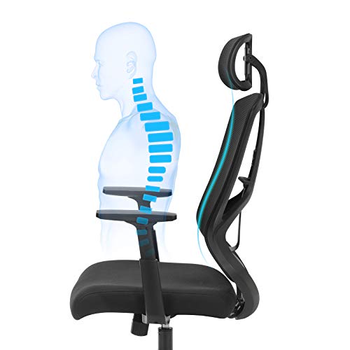 SONGMICS Silla de Oficina, Silla Ergonómica, Silla de Escritorio con Apoyo Lumbar, Mecanismo de Inclinación, Apoyabrazos Regulables y Apoyacabezas, Negro OBN53BK