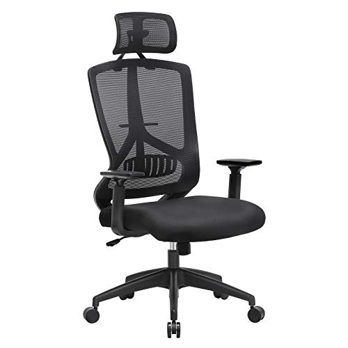 SONGMICS Silla de Oficina, Silla Ergonómica, Silla de Escritorio con Apoyo Lumbar, Mecanismo de Inclinación, Apoyabrazos Regulables y Apoyacabezas, Negro OBN53BK