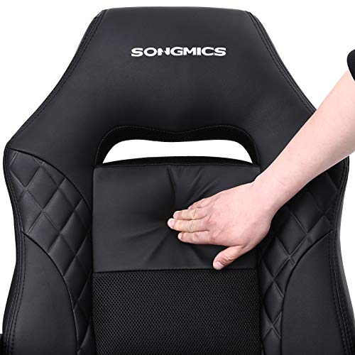SONGMICS Silla Gaming, Silla Racing, Silla de Oficina con Respaldo Alto, Silla de Carreras, Silla para Escritorio y Ordenador, Silla Giratoria, Cuero Sintético, Negro OBG38BK