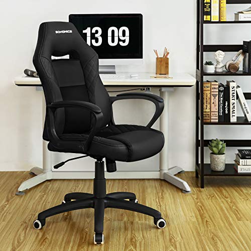 SONGMICS Silla Gaming, Silla Racing, Silla de Oficina con Respaldo Alto, Silla de Carreras, Silla para Escritorio y Ordenador, Silla Giratoria, Cuero Sintético, Negro OBG38BK