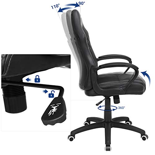 SONGMICS Silla Gaming, Silla Racing, Silla de Oficina con Respaldo Alto, Silla de Carreras, Silla para Escritorio y Ordenador, Silla Giratoria, Cuero Sintético, Negro OBG38BK