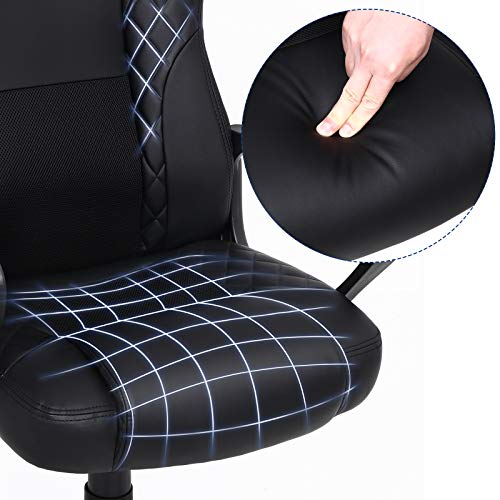 SONGMICS Silla Gaming, Silla Racing, Silla de Oficina con Respaldo Alto, Silla de Carreras, Silla para Escritorio y Ordenador, Silla Giratoria, Cuero Sintético, Negro OBG38BK
