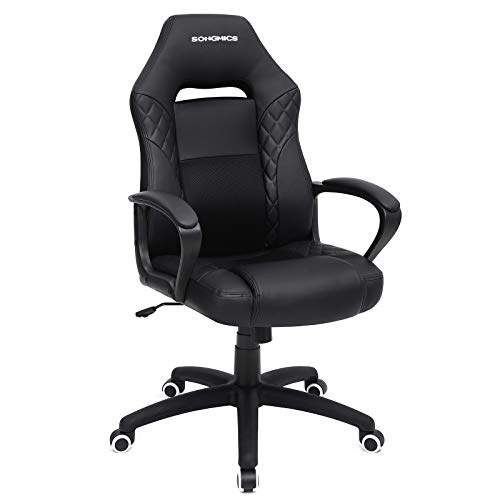 SONGMICS Silla Gaming, Silla Racing, Silla de Oficina con Respaldo Alto, Silla de Carreras, Silla para Escritorio y Ordenador, Silla Giratoria, Cuero Sintético, Negro OBG38BK