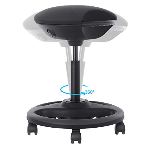 SONGMICS Taburete Activo, Taburete Ergonómico Oscilante, Silla Giratoria con Ruedas, Asiento Extra Grande, Inclinación 10°, Altura Ajustable, Estudio, Oficina, Tapizado Grueso, Negro OSC06BK